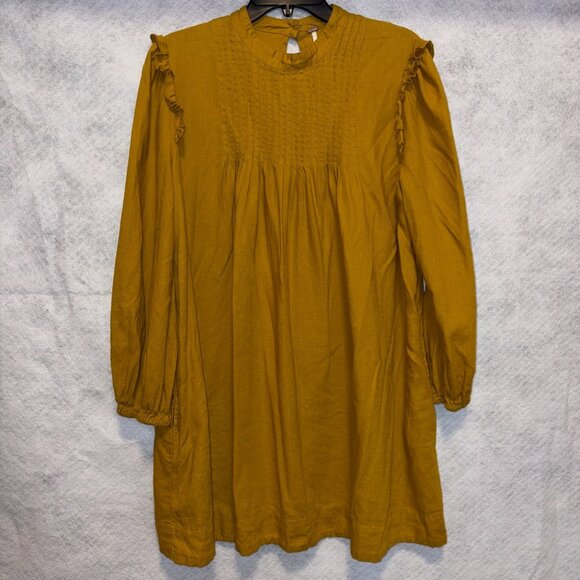 Free People Tunic Womens M Yellow Linen Blend Ruffle Sleeve Peasant Smocked Top - Picture 1 of 7